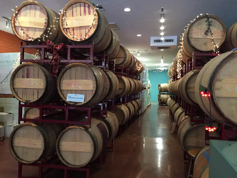 Aging barrels inside Gianni Buonomo Vintners, Ocean Beach