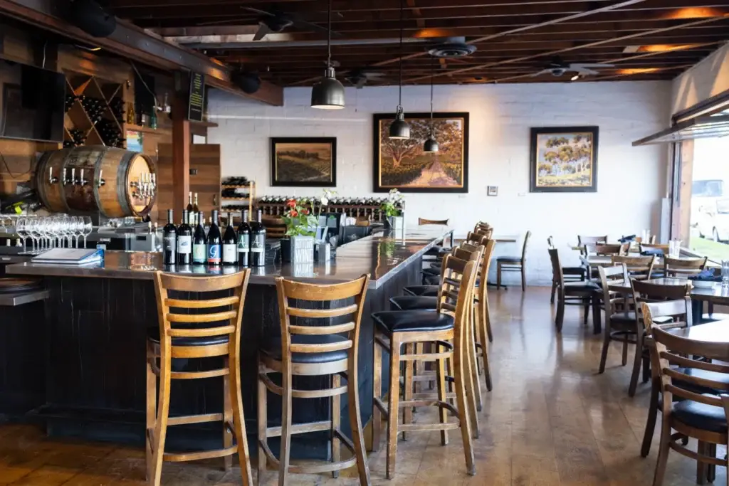 Barrel-lined bar inside Solterra Winery and Kitchen in Leucadia