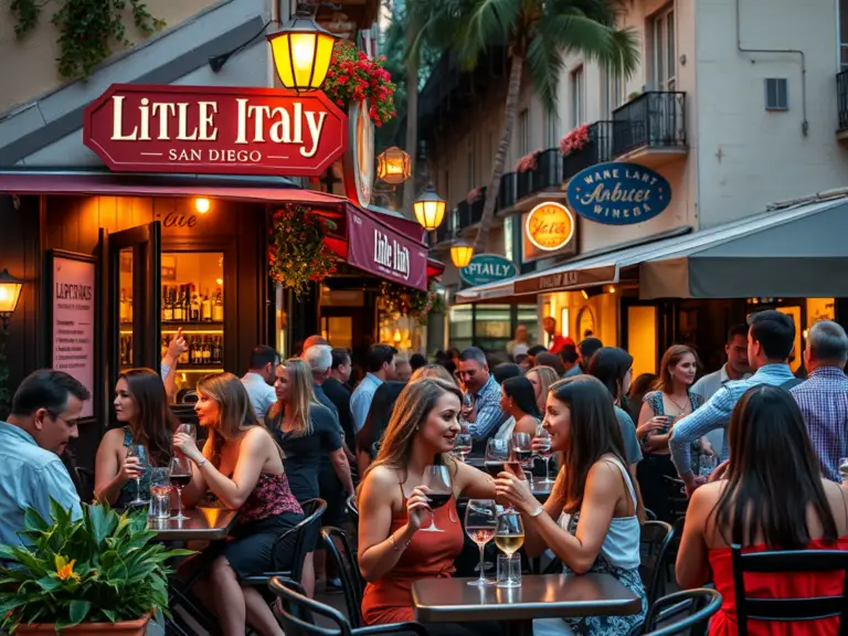 People enjoying wine at Little Italy San Diego wine bars on a lively evening