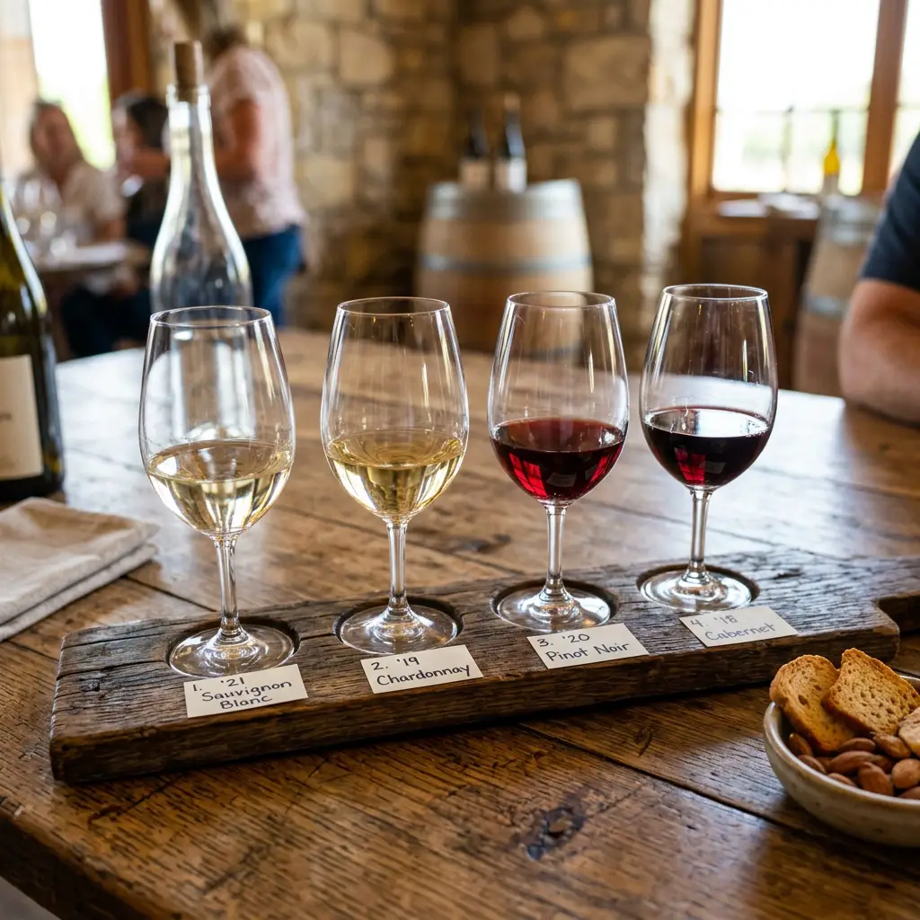 Four wine glasses with different wines labeled Sauvignon Blanc, Chardonnay, Pinot Noir, and Cabernet