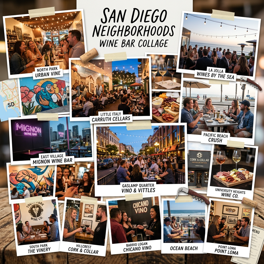 Collage of multiple photos featuring San Diego wine bars in different neighborhoods with people enjoying wine and food.