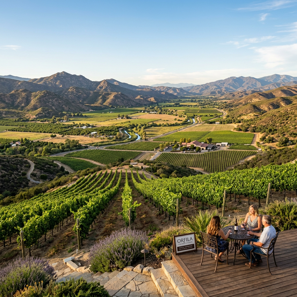 Three people sitting at a table on a wooden deck overlooking vineyard rows and mountains