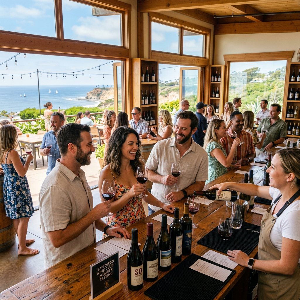 People tasting wine and socializing at a winery tasting room with ocean views