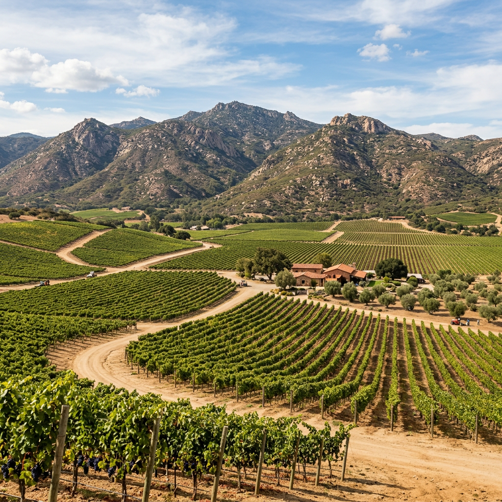 Vineyard with rows of grapevines and a mountain range behind