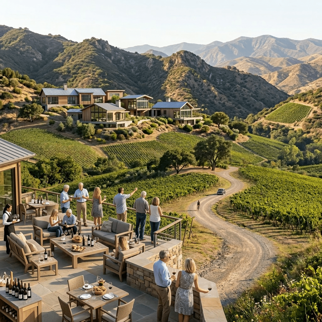 Winding dirt road through green vineyards with a hilltop village in the distance