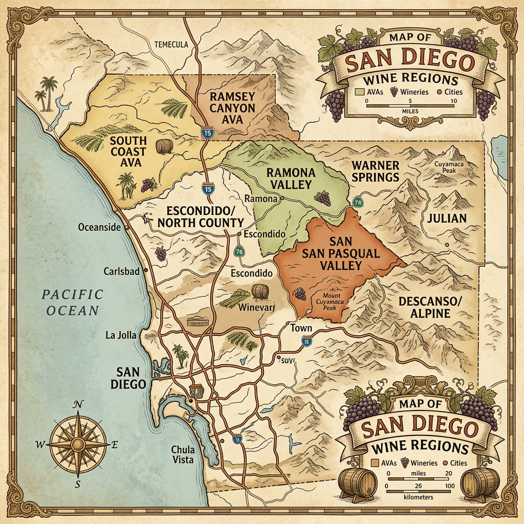 Map showing AVAs, wineries, and cities in San Diego wine regions including South Coast, Ramona Valley, San Pasqual Valley, and others