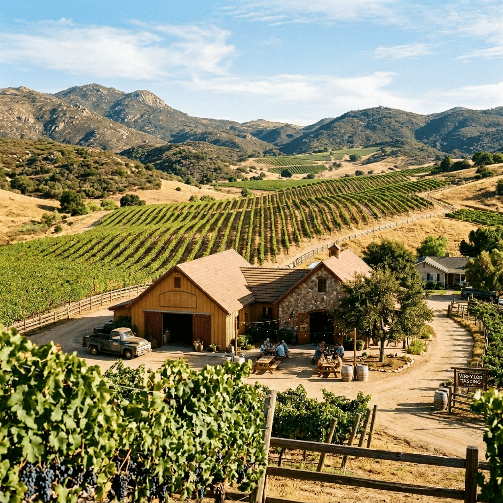 Ramona Valley Family Winery building with surrounding vineyards and mountains